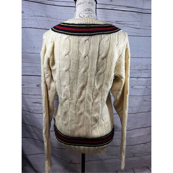 Vintage A.E. Clothier Cable Knit Cricket Sweater V Neck Striped Trim 36 - Picture 2 of 4